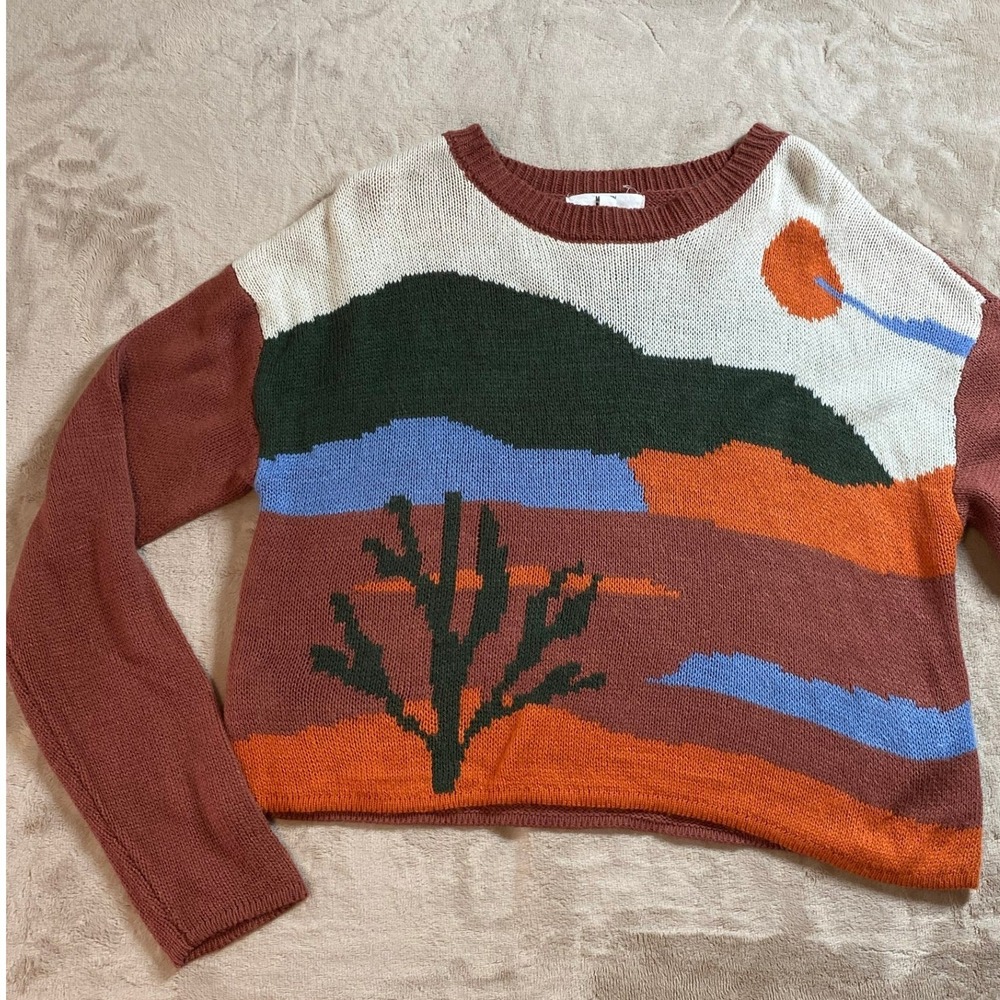 Madden NYC Womens Desert Landscape Cactus Intarsia Knit Cropped Sweater Large